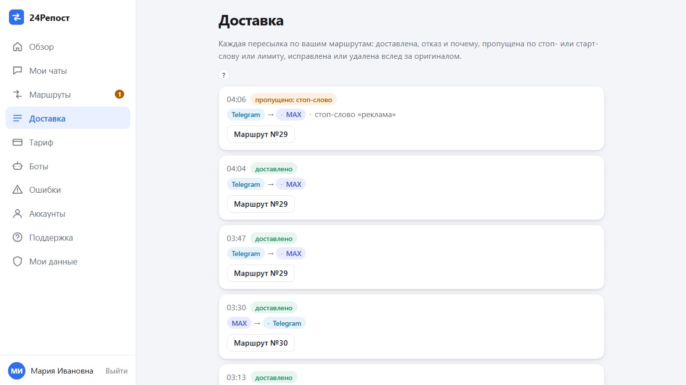 Лента доставки: исход у каждой пересылки